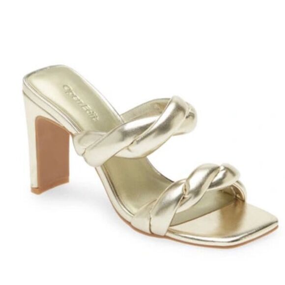 Open Edit Sandals Size 6.5 Gold Metallic Twisted Double Strap‎ Slip On Heels - Picture 1 of 9